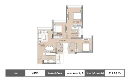 Sunteck Mira Road 3 BHK floor plan, 948 sq ft carpet area
