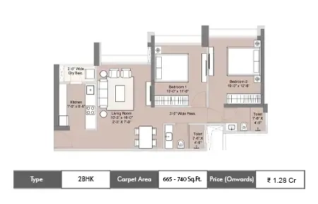 Sunteck Mira Road 2 BHK floor plan, 665 sq ft carpet area